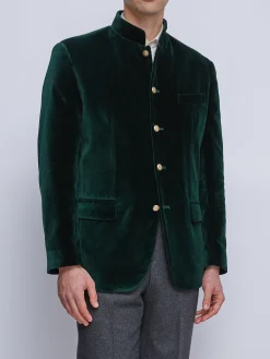 Favourbrook Racing Green Velvet Nehru Jacket Button Cuff- Nehru Jackets | Velvet Jackets