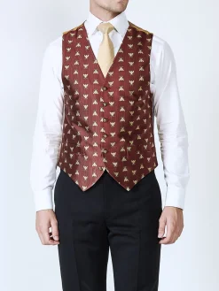 Favourbrook Red Gold Bees Silk Single Breasted 6 Button Waistcoat- Waistcoats | Evening Waistcoats