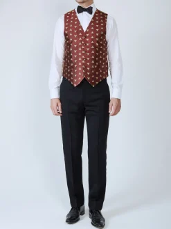 Favourbrook Red Gold Bees Silk Single Breasted 6 Button Waistcoat- Waistcoats | Evening Waistcoats