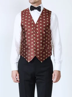 Favourbrook Red Gold Bees Silk Single Breasted 6 Button Waistcoat- Waistcoats | Evening Waistcoats