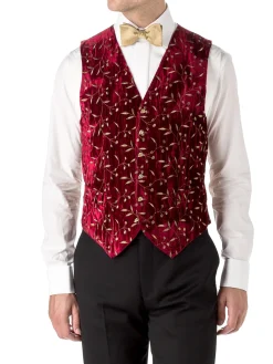 Favourbrook Red Lurex Berries Velvet Single Breasted 6 Button Waistcoat- Waistcoats | Evening Waistcoats