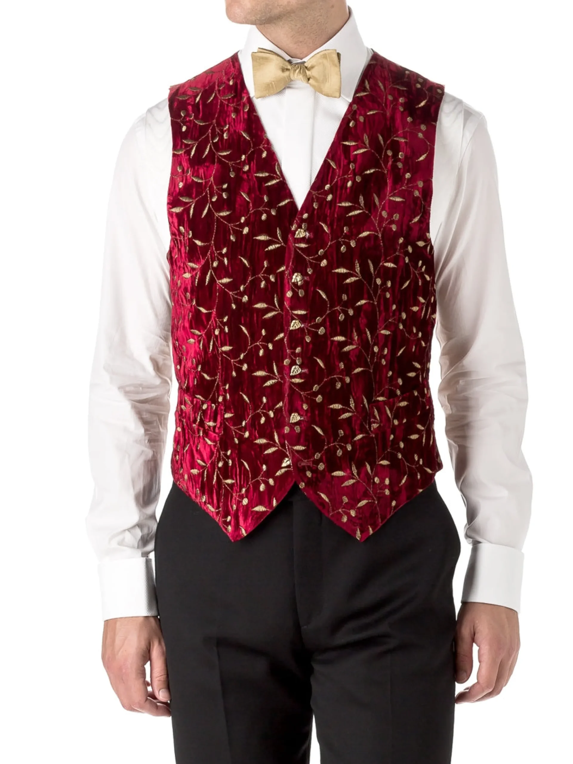 Favourbrook Red Lurex Berries Velvet Single Breasted 6 Button Waistcoat- Waistcoats | Evening Waistcoats