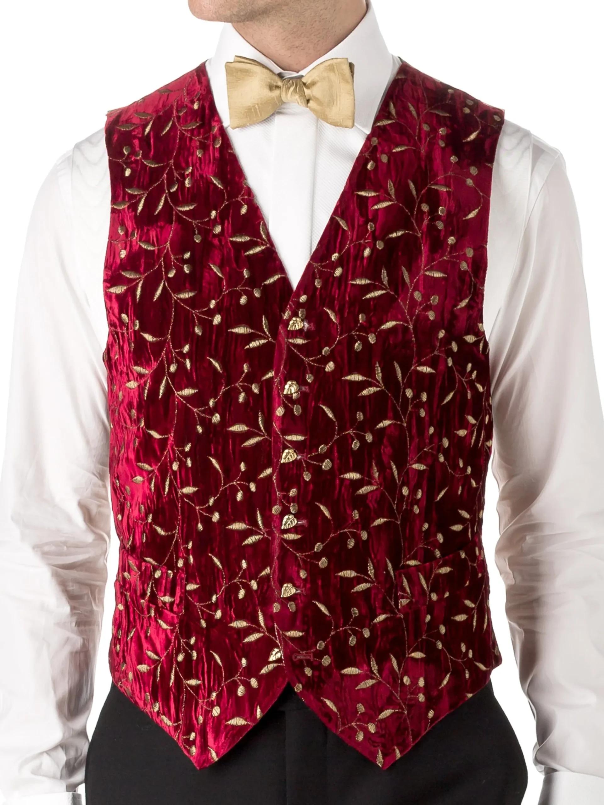 Favourbrook Red Lurex Berries Velvet Single Breasted 6 Button Waistcoat- Waistcoats | Evening Waistcoats