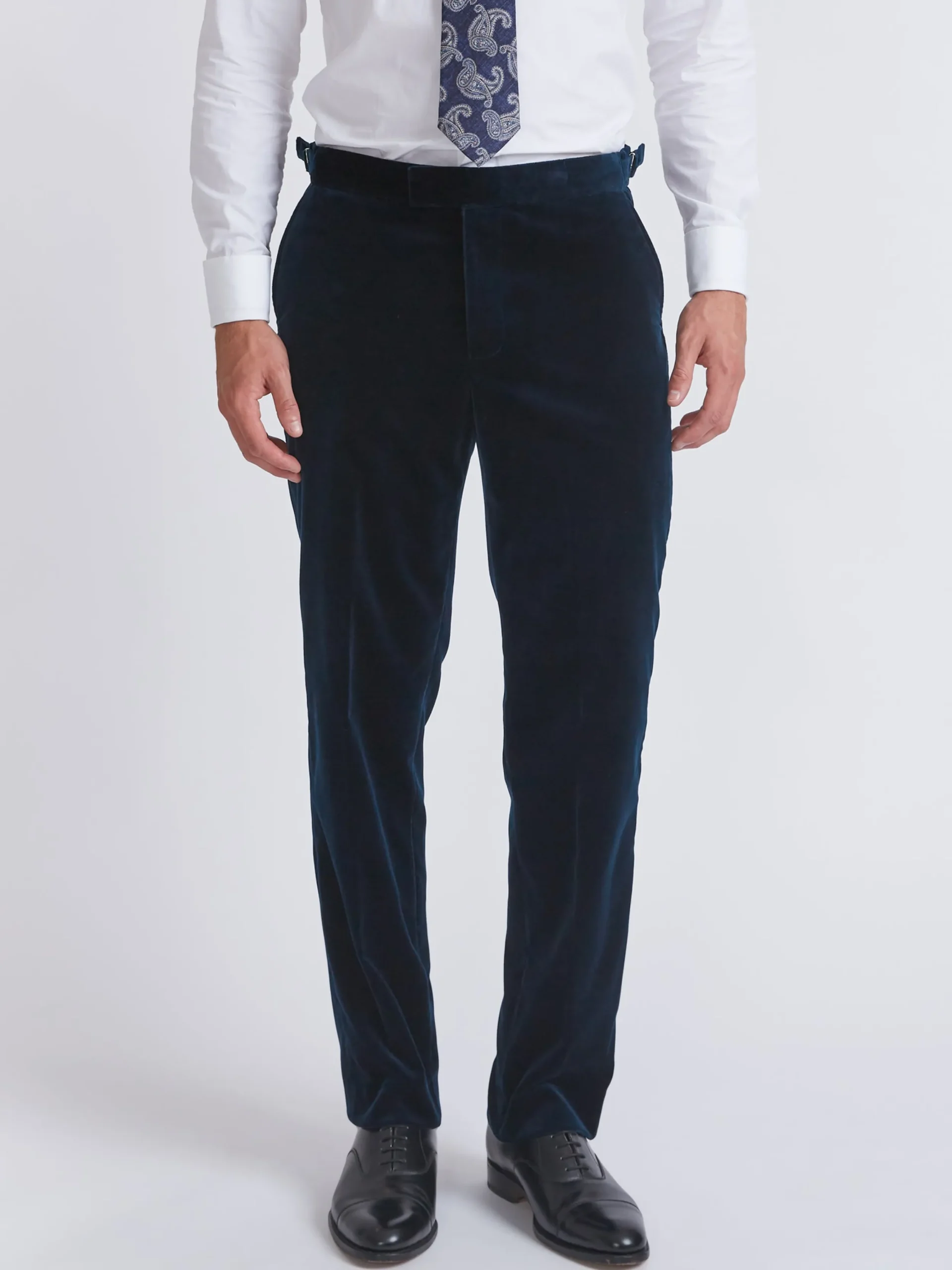 Favourbrook Sapphire Blue Velvet Cotton Flat Front Dress Trousers- Eveningwear | Trousers