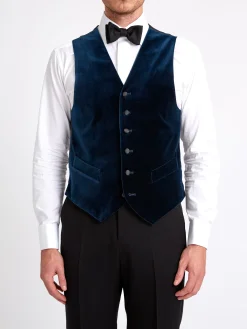 Favourbrook Sapphire Blue Velvet Cotton Single Breasted 6 Button Waistcoat- Waistcoats | Single Breasted Waistcoats