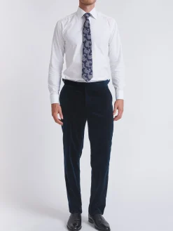 Favourbrook Sapphire Blue Velvet Cotton Flat Front Dress Trousers- Eveningwear | Trousers