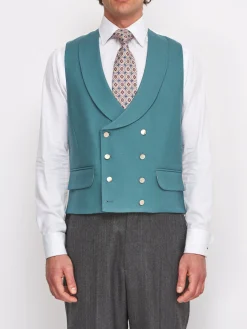 Favourbrook Sea Green Wool Double Breasted 8 Button Shawl Lapel Waistcoat- Waistcoats | Shawl Lapel Waistcoats