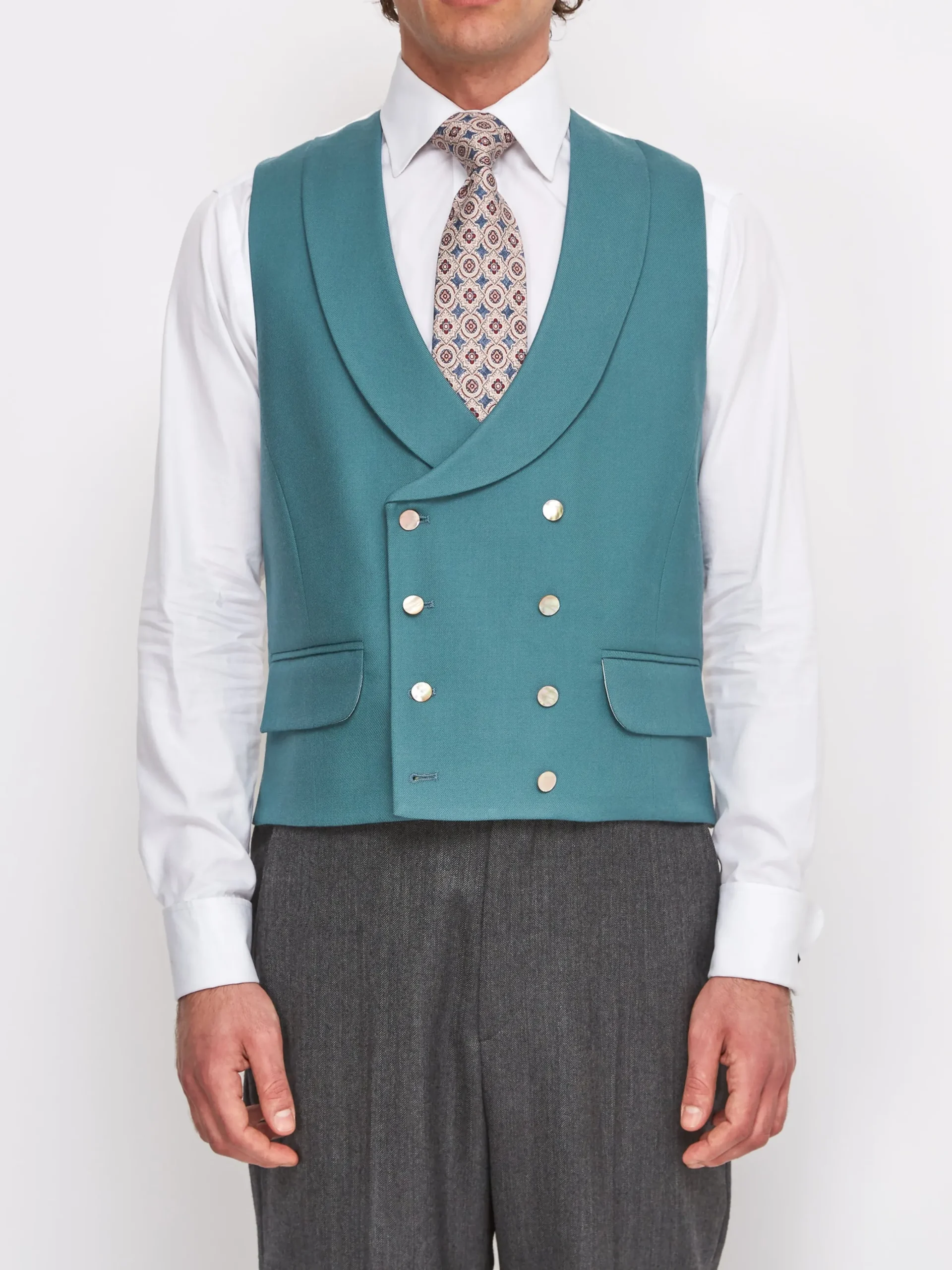Favourbrook Sea Green Wool Double Breasted 8 Button Shawl Lapel Waistcoat- Waistcoats | Shawl Lapel Waistcoats