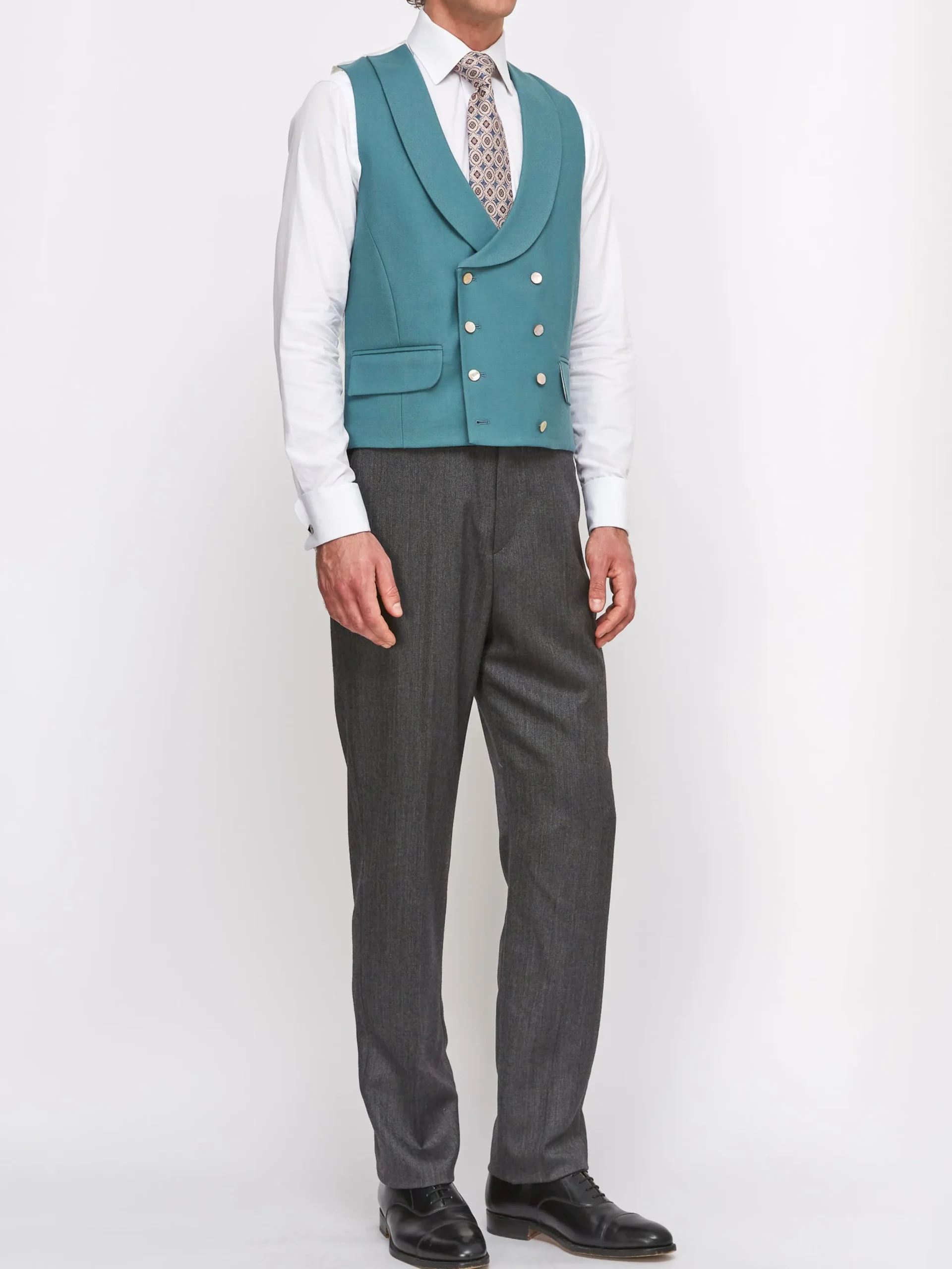 Favourbrook Sea Green Wool Double Breasted 8 Button Shawl Lapel Waistcoat- Waistcoats | Shawl Lapel Waistcoats