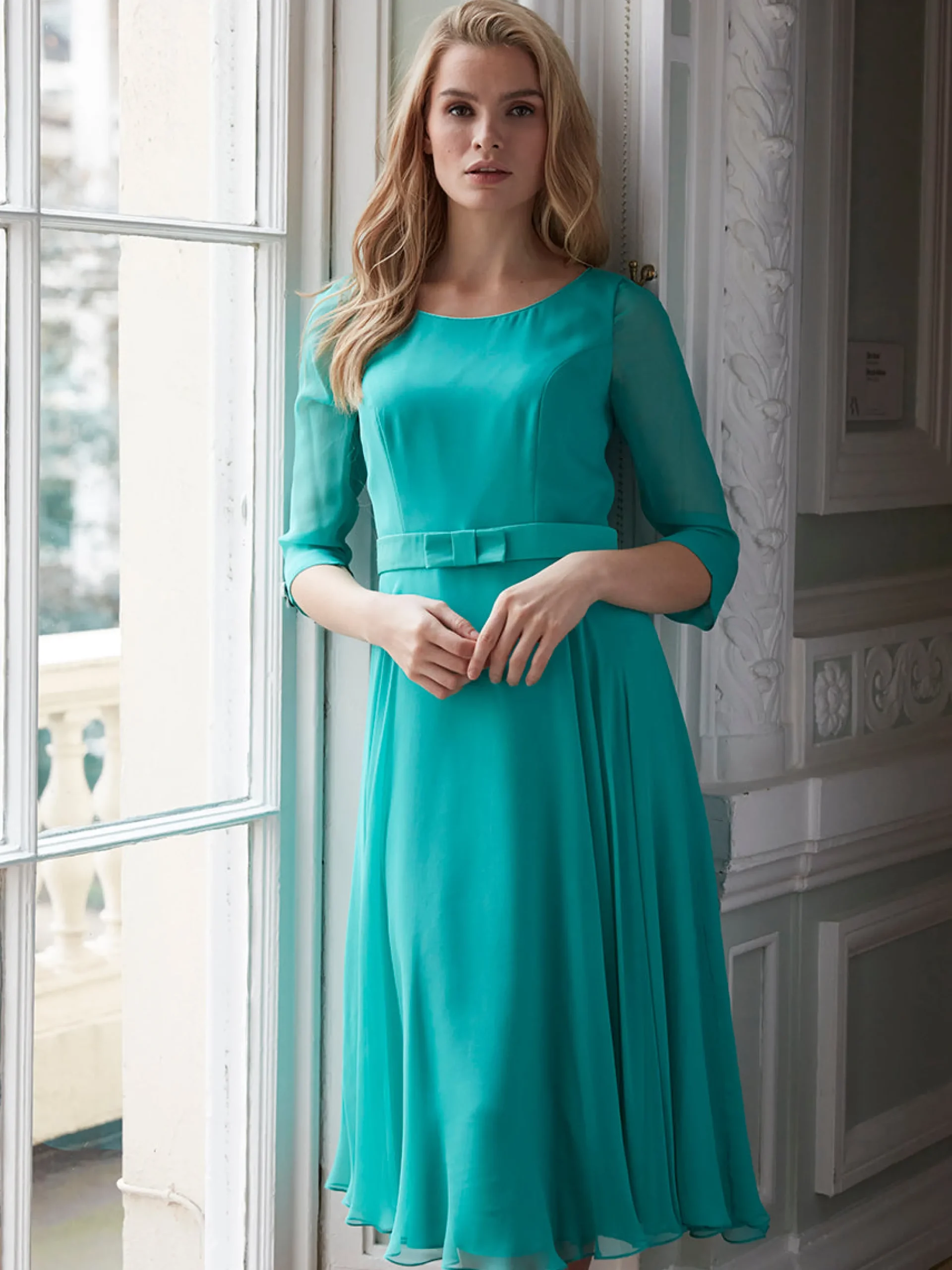 Favourbrook Serena Longer Circle Dress Aqua Green Plain Silk Georgette-Women Raceday | Mother Of The Bride