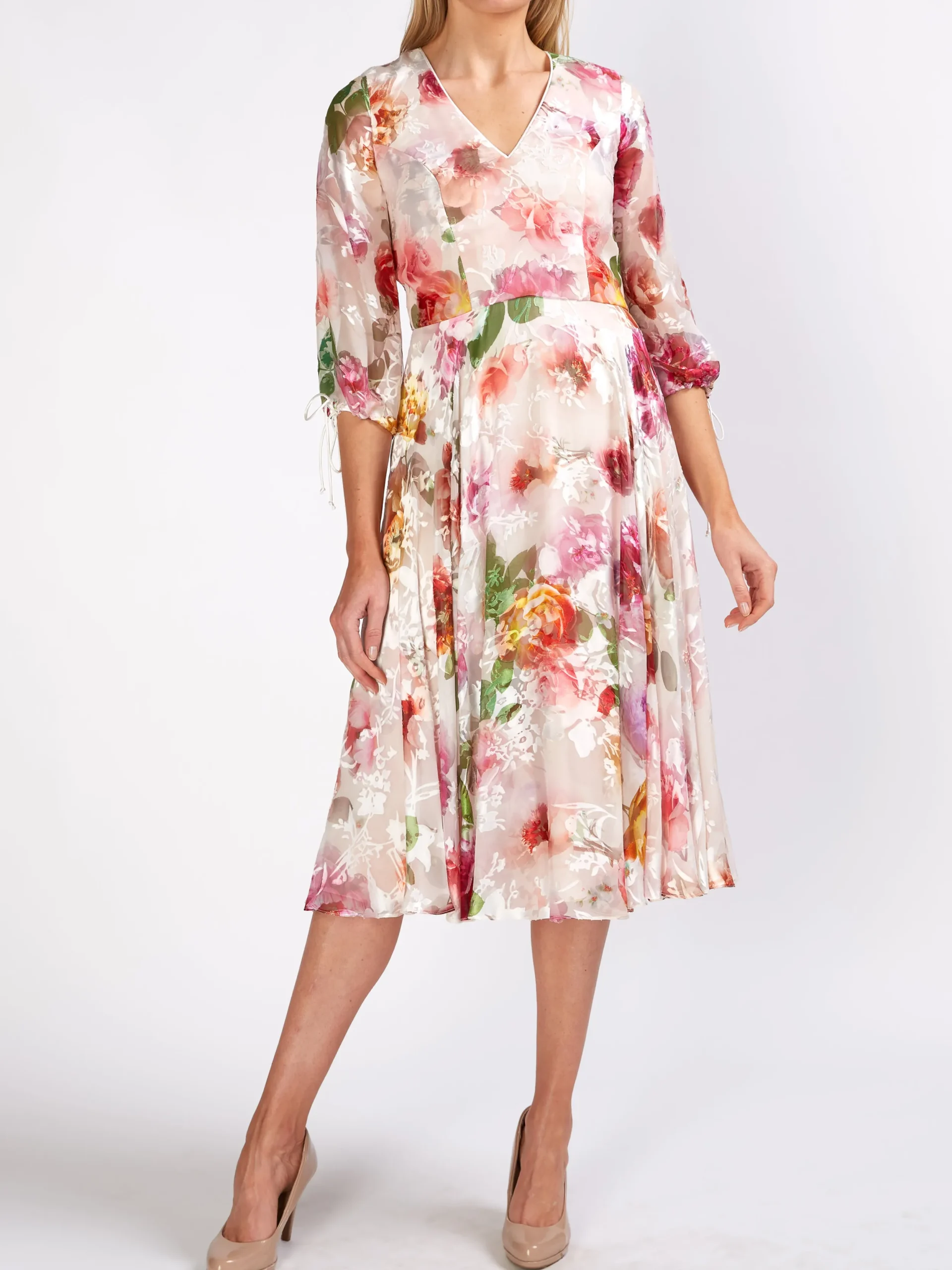 Favourbrook Serena V- Neck Longer Circle Dress Rosa Silk Devore Chiffon-Women Dresses
