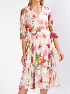 Favourbrook Serena V- Neck Longer Circle Dress Rosa Silk Devore Chiffon-Women Dresses