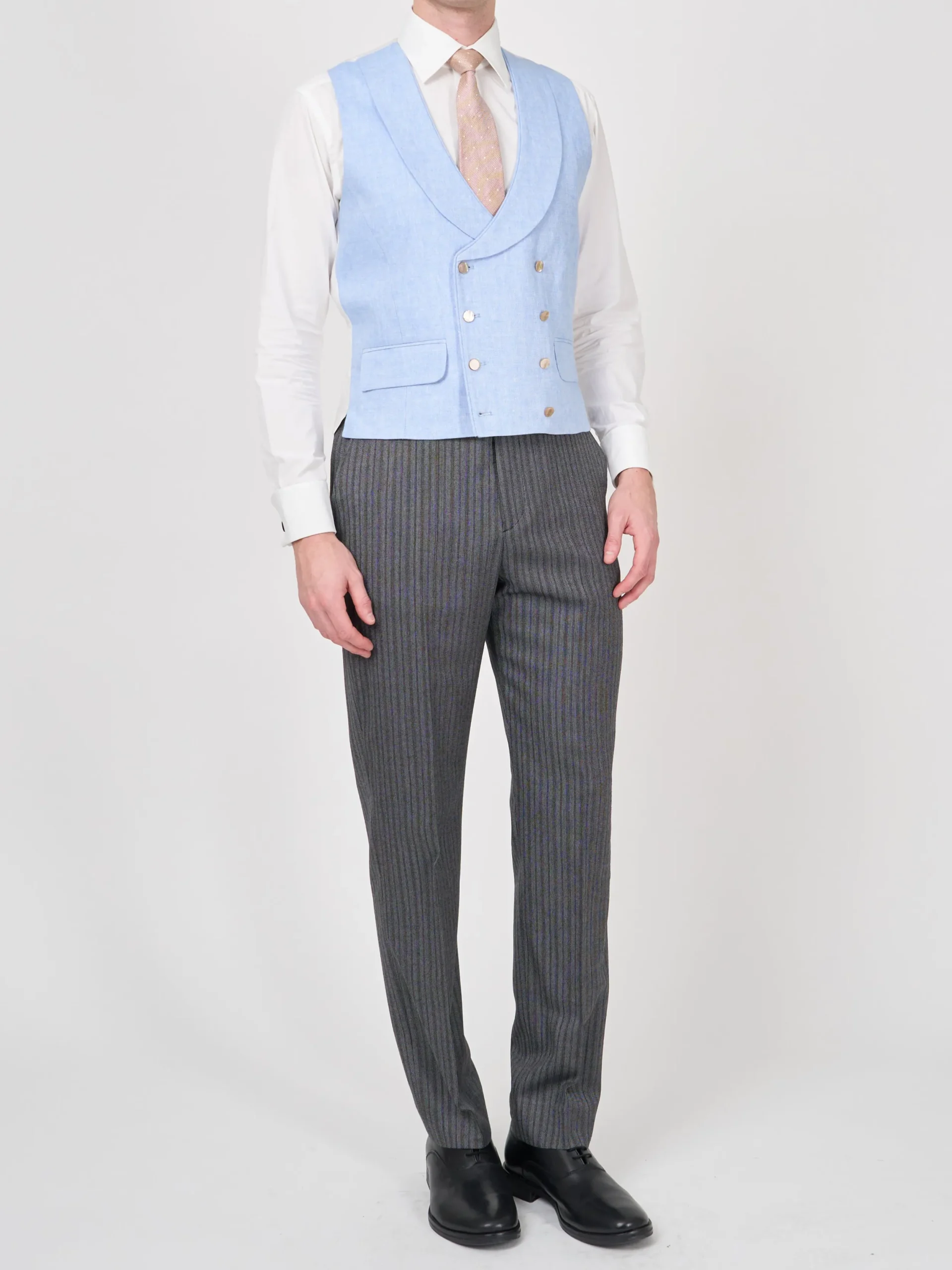 Favourbrook Sky Blue Evering Linen Double Breasted 8 Button Shawl Lapel Piped Waistcoat- Waistcoats | Royal Ascot Waistcoats