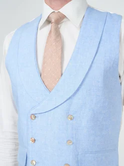 Favourbrook Sky Blue Evering Linen Double Breasted 8 Button Shawl Lapel Piped Waistcoat- Waistcoats | Royal Ascot Waistcoats