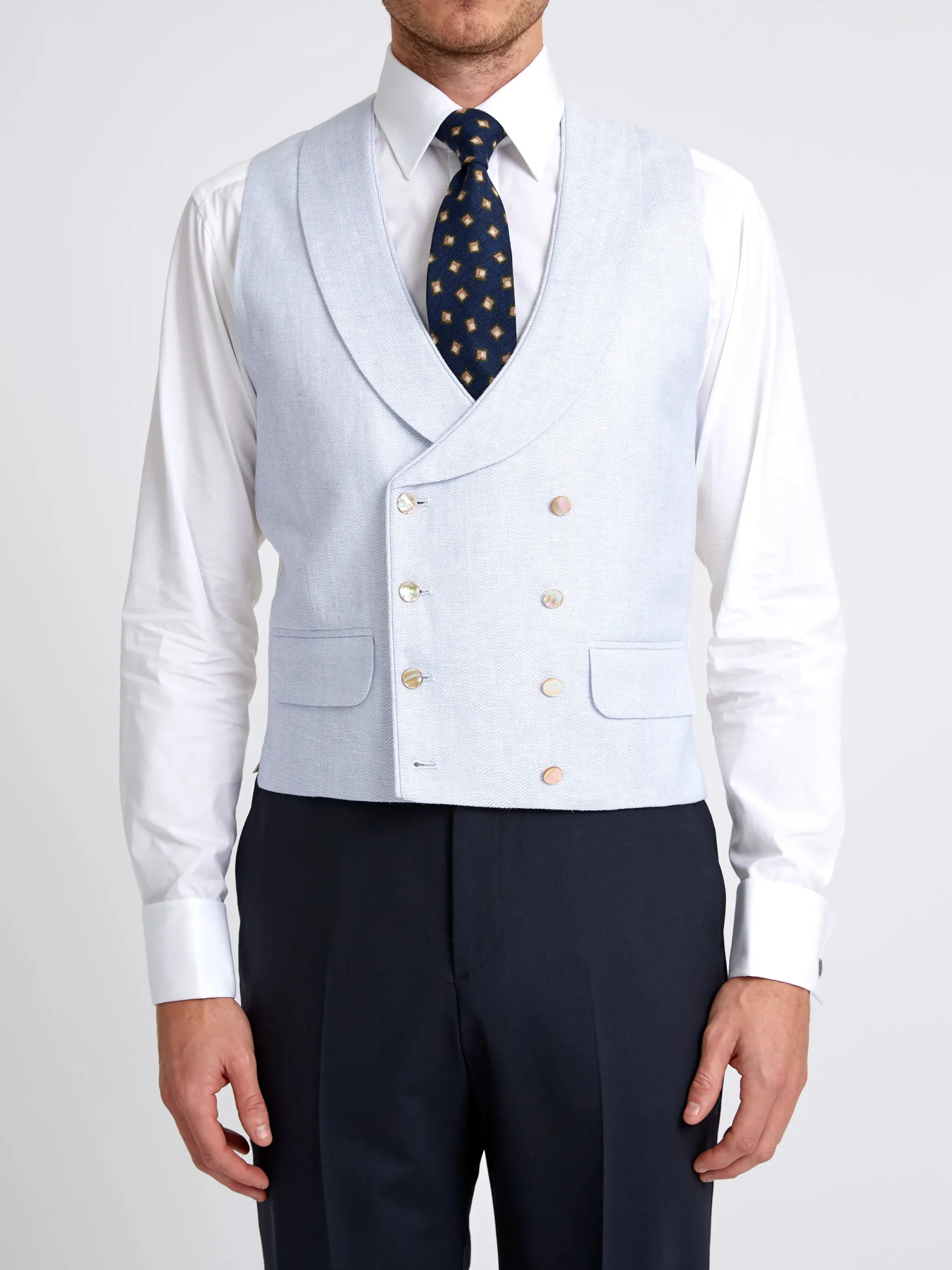 Favourbrook Sky Blue Randwick Double Breasted 8 Button Shawl Lapel Piped Waistcoat- Royal Ascot | Wedding Attire