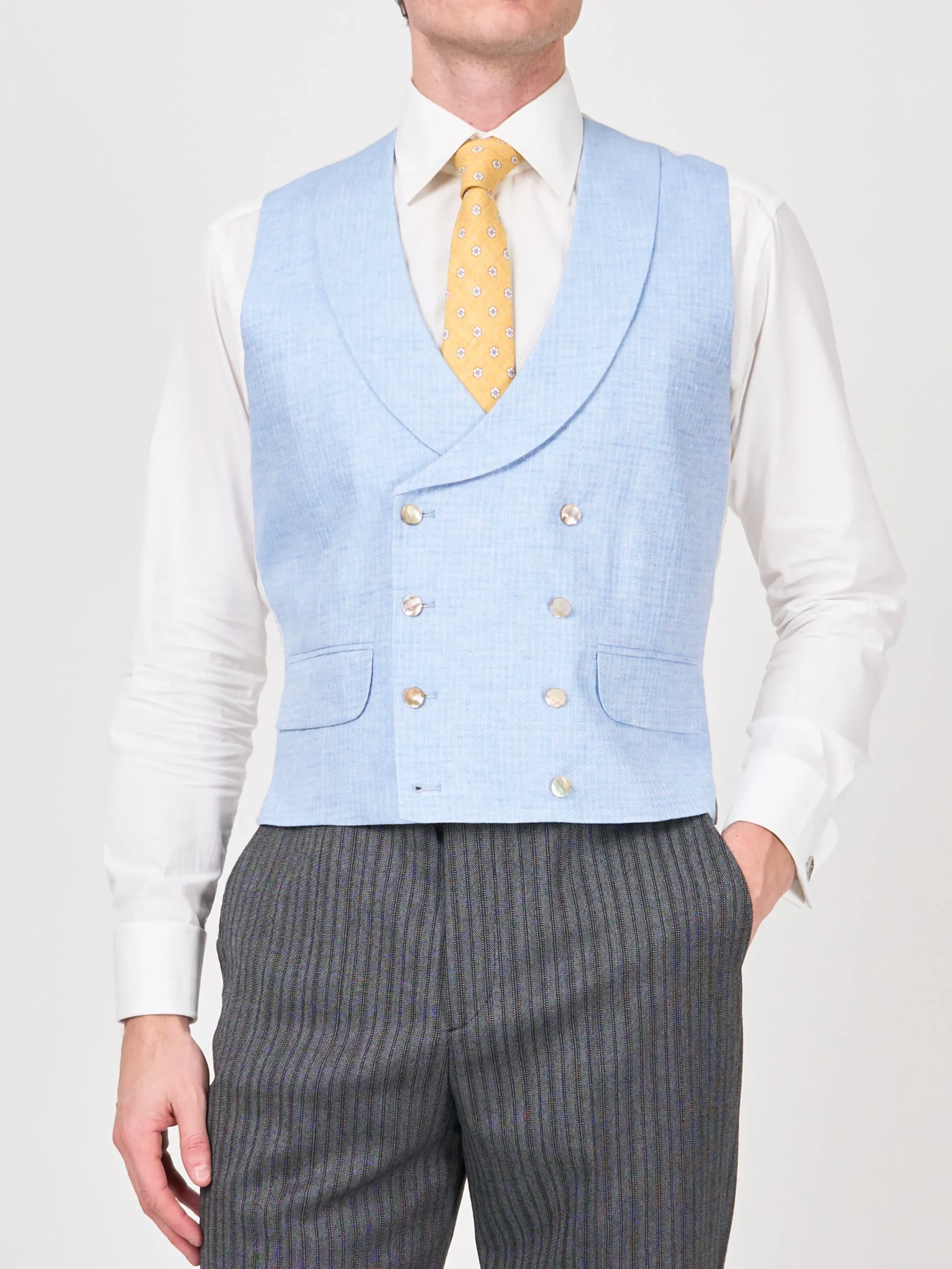 Favourbrook Sky Blue Wolferton Double Breasted 8 Button Shawl Lapel Waistcoat- Royal Ascot | Waistcoats