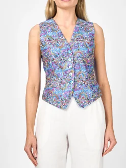 Favourbrook Waistcoat Single Breasted Ocean Blue Helsinki Linen-Women Tops & Blouses | Waistcoats