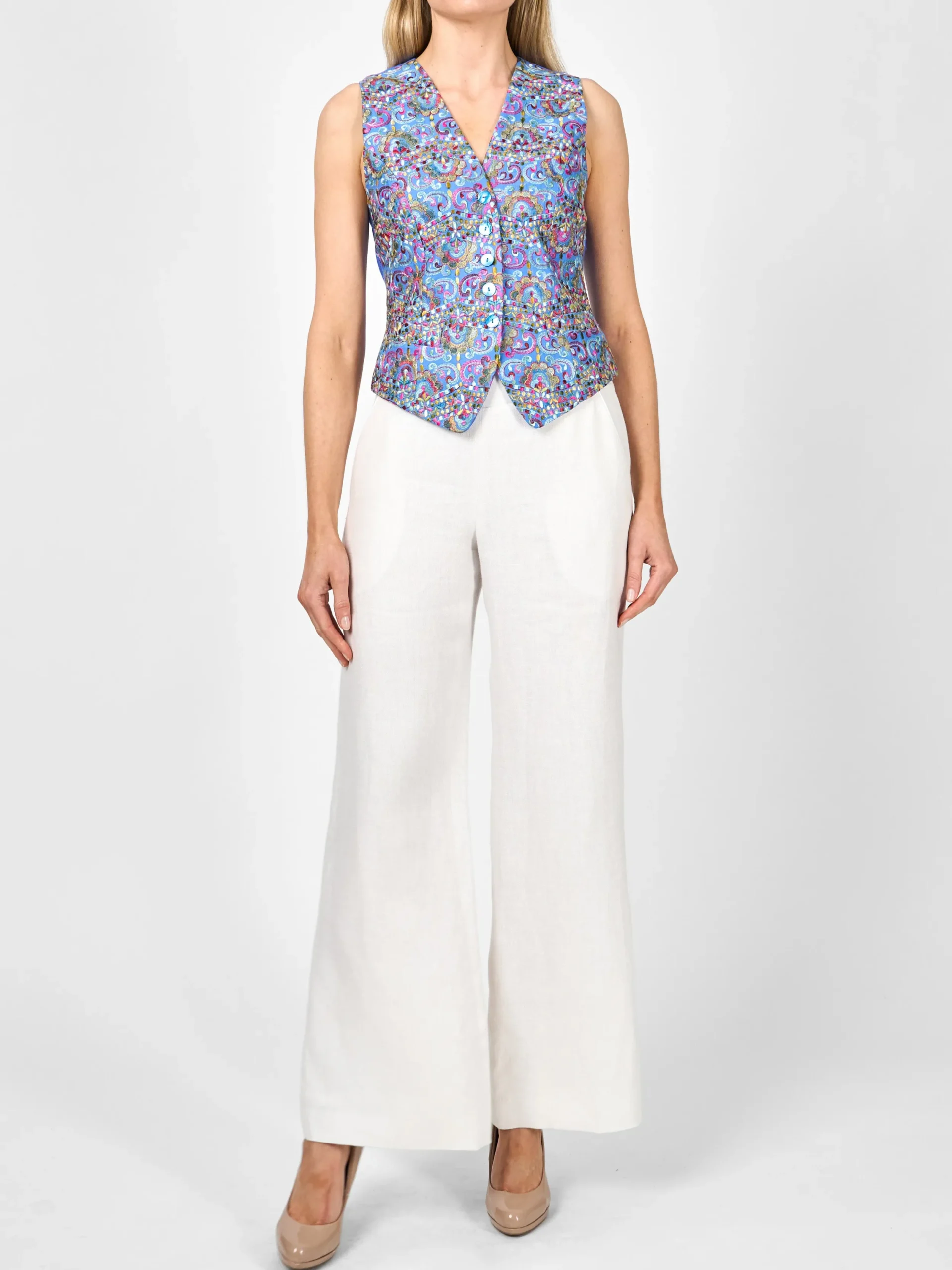 Favourbrook Waistcoat Single Breasted Ocean Blue Helsinki Linen-Women Tops & Blouses | Waistcoats
