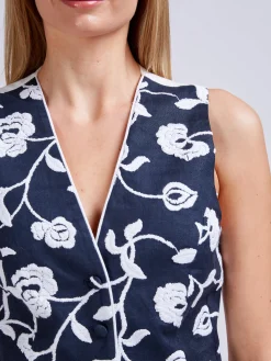 Favourbrook Waistcoat Single Breasted Navy Berlin Linen-Women Tops & Blouses | Waistcoats