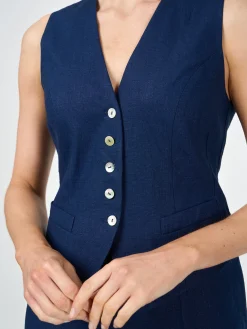 Favourbrook Waistcoat Single Breasted Navy Evering Linen-Women Tops & Blouses | Waistcoats