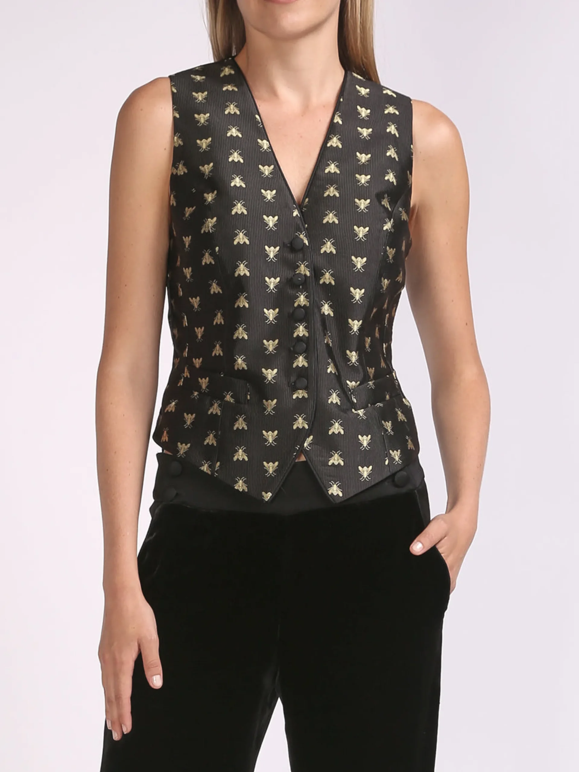 Favourbrook Waistcoat Single-Breasted Black Gold Bees Silk Jacquard-Women Eveningwear | Eveningwear
