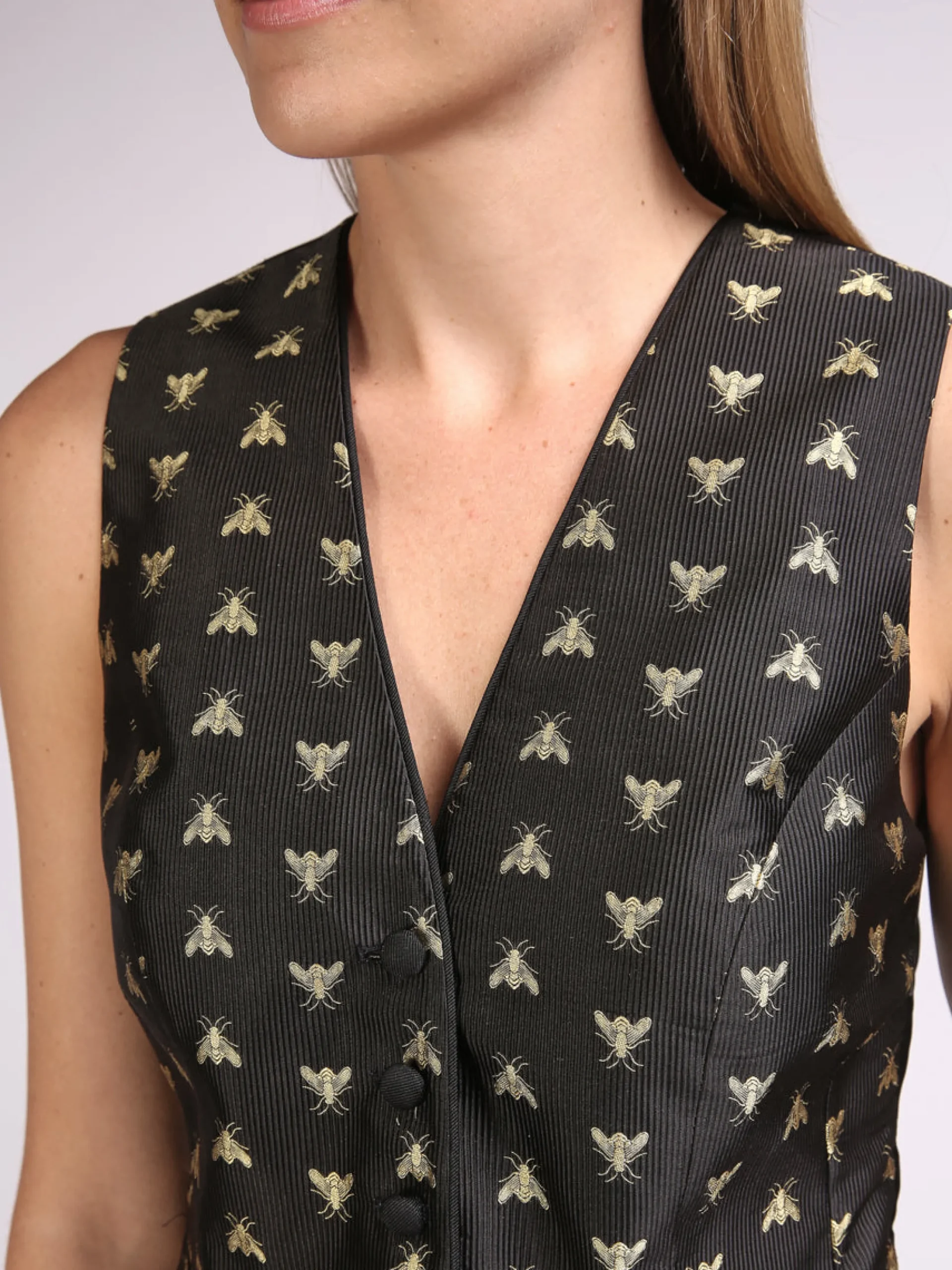 Favourbrook Waistcoat Single-Breasted Black Gold Bees Silk Jacquard-Women Eveningwear | Eveningwear