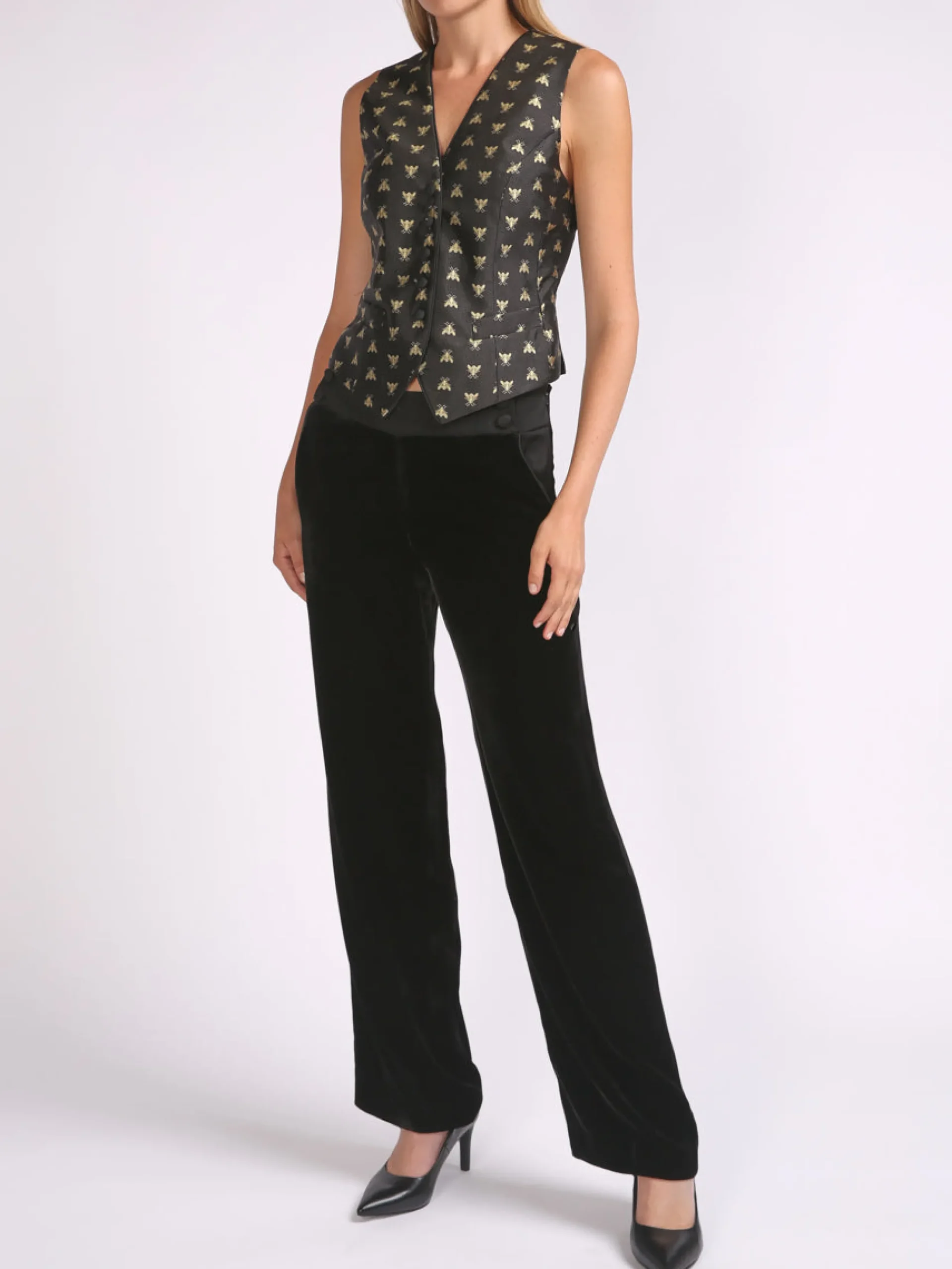 Favourbrook Waistcoat Single-Breasted Black Gold Bees Silk Jacquard-Women Eveningwear | Eveningwear
